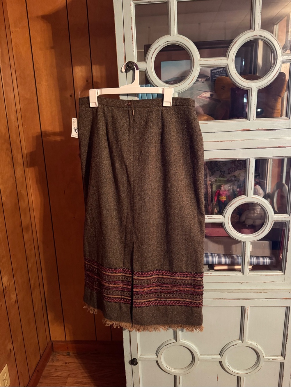Wool Blend Brown Midi Skirt with Embroidered Fringe Hem Sag Harbor Size 16 B16